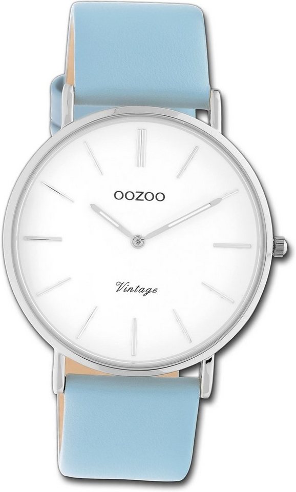 OOZOO Quarzuhr Oozoo Damen Armbanduhr Ultra Slim, Damenuhr Lederarmband hellblau, rundes Gehäuse, groß (ca. 40mm) von OOZOO