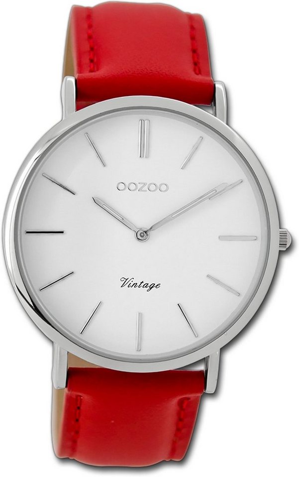 OOZOO Quarzuhr Oozoo Damen Armbanduhr Ultra Slim, Damenuhr Lederarmband rot, rundes Gehäuse, groß (ca. 40mm) von OOZOO