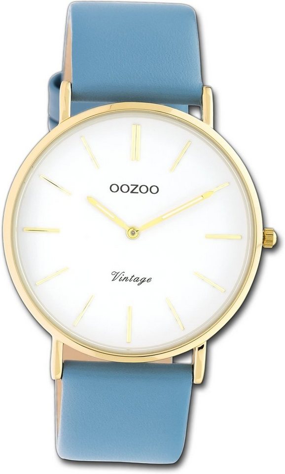 OOZOO Quarzuhr Oozoo Damen Armbanduhr Ultra Slim, Damenuhr Lederarmband babyblau, rundes Gehäuse, groß (ca. 40mm) von OOZOO