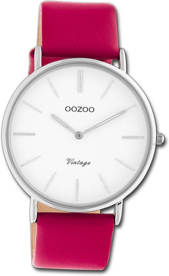 OOZOO Quarzuhr Oozoo Damen Armbanduhr Ultra Slim, Damenuhr Lederarmband rosa, rundes Gehäuse, groß (ca. 40mm) von OOZOO