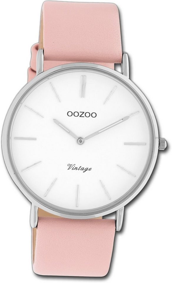 OOZOO Quarzuhr Oozoo Damen Armbanduhr Ultra Slim, Damenuhr Lederarmband rosa, rundes Gehäuse, groß (ca. 40mm) von OOZOO