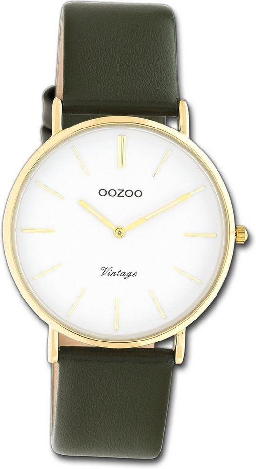 OOZOO Quarzuhr Oozoo Damen Armbanduhr Ultra Slim, Damenuhr Lederarmband olivgrün, rundes Gehäuse, mittel (ca. 36mm) von OOZOO