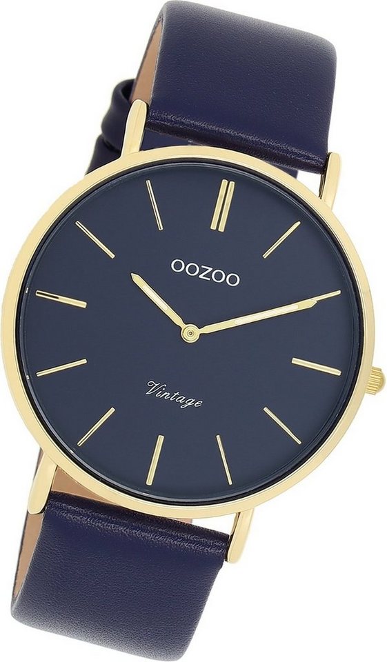 OOZOO Quarzuhr Oozoo Damen Armbanduhr Vintage Analog, Damenuhr Lederarmband blau, rundes Gehäuse, groß (ca. 40mm) von OOZOO