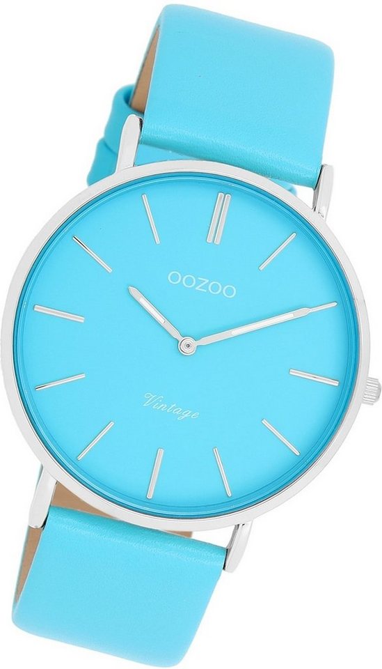 OOZOO Quarzuhr Oozoo Damen Armbanduhr Vintage Analog, Damenuhr Lederarmband blau, rundes Gehäuse, groß (ca. 40mm) von OOZOO