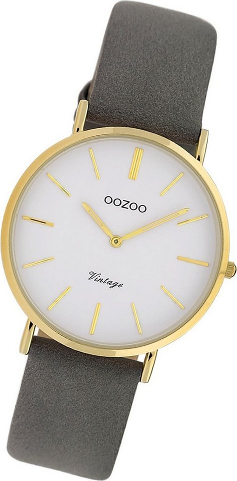 OOZOO Quarzuhr Oozoo Damen Armbanduhr Vintage Analog, Damenuhr Lederarmband grau, rundes Gehäuse, mittel (ca. 32mm) von OOZOO