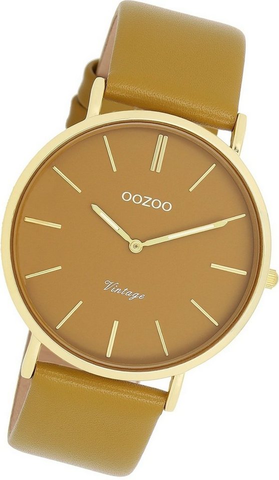 OOZOO Quarzuhr Oozoo Damen Armbanduhr Vintage Analog, Damenuhr Lederarmband olivgrün, rundes Gehäuse, groß (ca. 40mm) von OOZOO