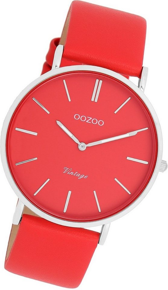 OOZOO Quarzuhr Oozoo Damen Armbanduhr Vintage Analog, Damenuhr Lederarmband orange, rot, rundes Gehäuse, groß (ca. 40mm) von OOZOO