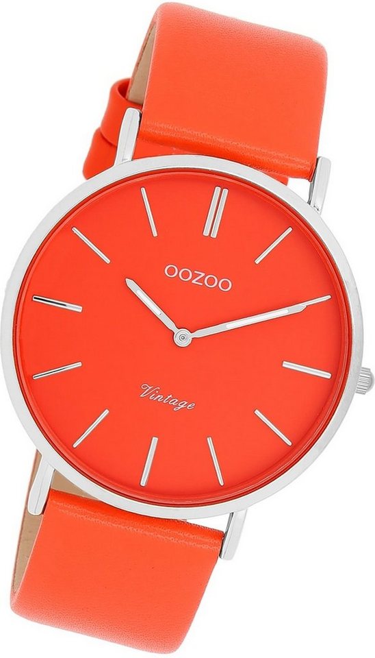 OOZOO Quarzuhr Oozoo Damen Armbanduhr Vintage Analog, Damenuhr Lederarmband rot, orange, rundes Gehäuse, groß (ca. 40mm) von OOZOO