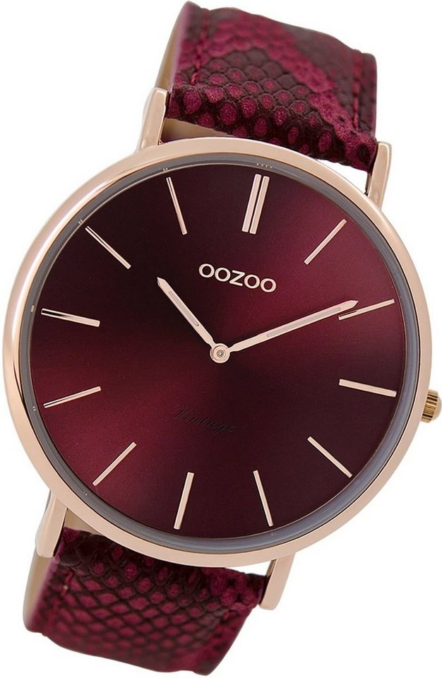 OOZOO Quarzuhr Oozoo Damen Armbanduhr Vintage Analog, Damenuhr Lederarmband rot, rundes Gehäuse, groß (ca. 44mm) von OOZOO