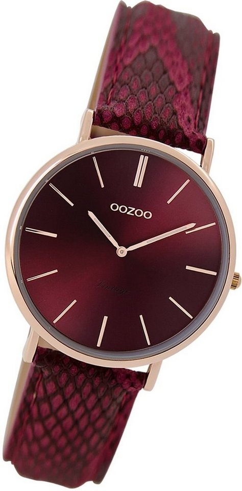 OOZOO Quarzuhr Oozoo Damen Armbanduhr Vintage Analog, Damenuhr Lederarmband rot, rundes Gehäuse, mittel (ca. 32mm) von OOZOO