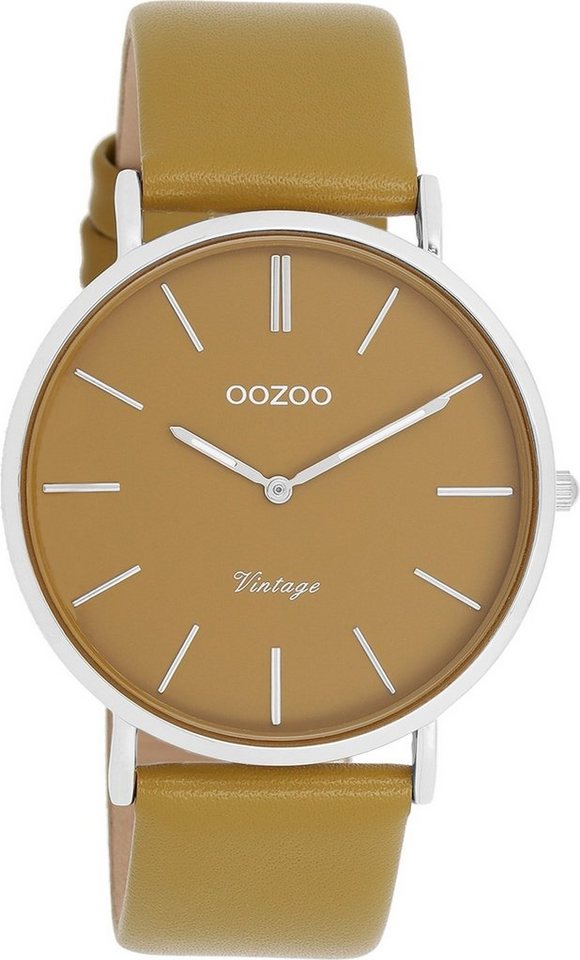 OOZOO Quarzuhr Oozoo Damen Armbanduhr Vintage Analog, (Analoguhr), Damenuhr rund, groß (ca. 40mm), Lederarmband olivgrün, Fashion von OOZOO