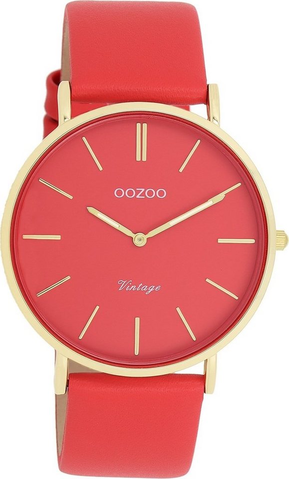 OOZOO Quarzuhr Oozoo Damen Armbanduhr Vintage Analog, (Analoguhr), Damenuhr rund, groß (ca. 40mm), Lederarmband orange, rot, Fashion von OOZOO