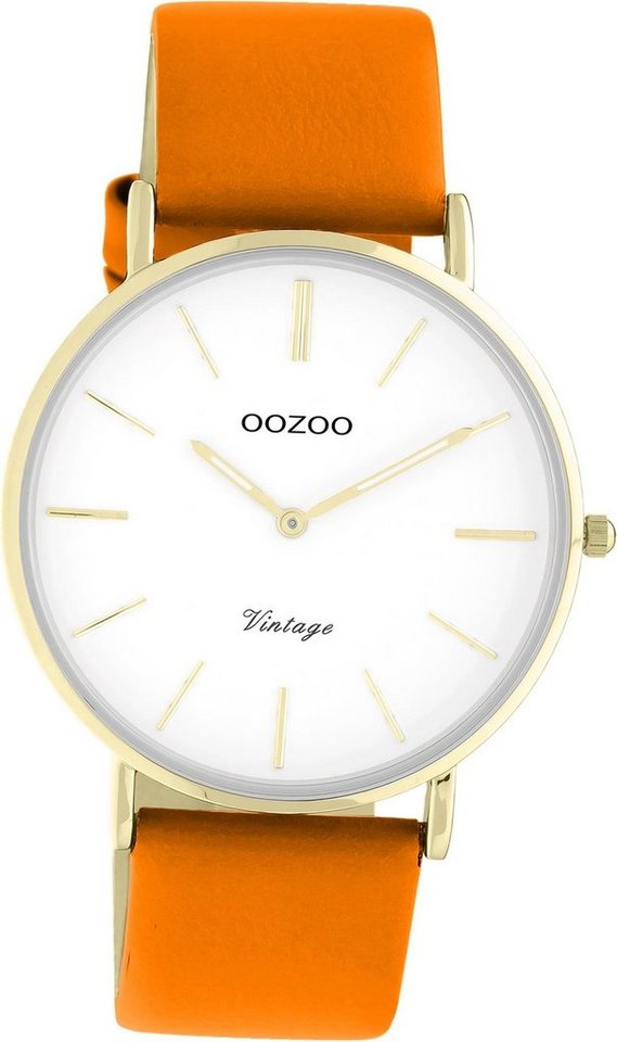 OOZOO Quarzuhr Oozoo Damen Armbanduhr Vintage Series, Damenuhr Lederarmband orange, rundes Gehäuse, groß (ca. 40mm) von OOZOO