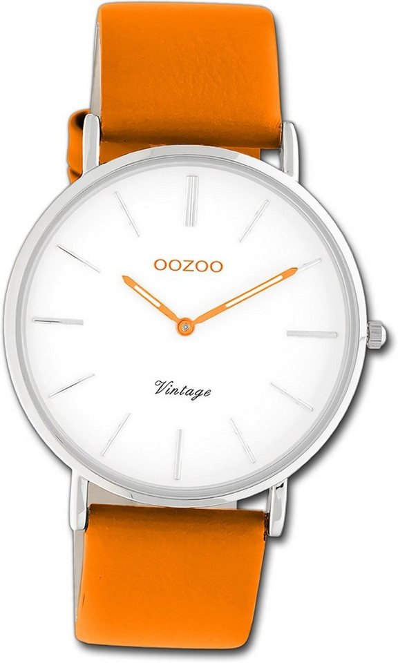 OOZOO Quarzuhr Oozoo Damen Armbanduhr Vintage Series, Damenuhr Lederarmband orange, rundes Gehäuse, groß (ca. 40mm) von OOZOO