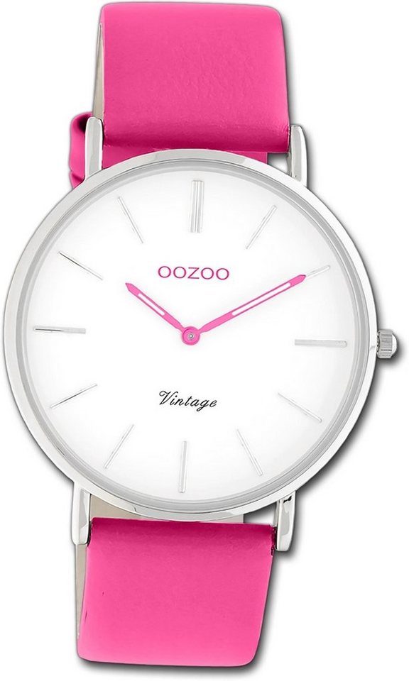 OOZOO Quarzuhr Oozoo Damen Armbanduhr Vintage Series, (Analoguhr), Damenuhr Lederarmband pink, rundes Gehäuse, groß (ca. 40mm) von OOZOO