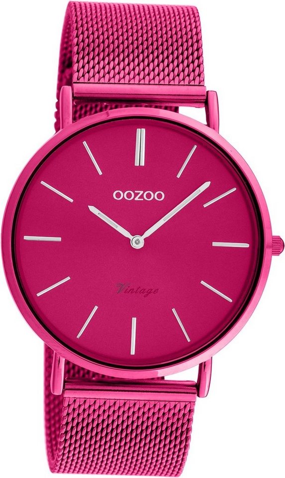 OOZOO Quarzuhr Oozoo Damen Armbanduhr Vintage Series, Damenuhr Metall, Mesharmband pink, rundes Gehäuse, groß (ca. 40mm) von OOZOO