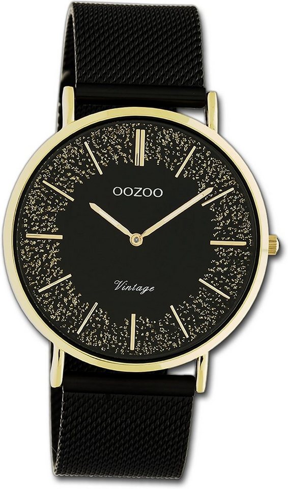 OOZOO Quarzuhr Oozoo Damen Armbanduhr Vintage Series, Damenuhr Metall, Mesharmband schwarz, rundes Gehäuse, groß (ca. 40mm) von OOZOO