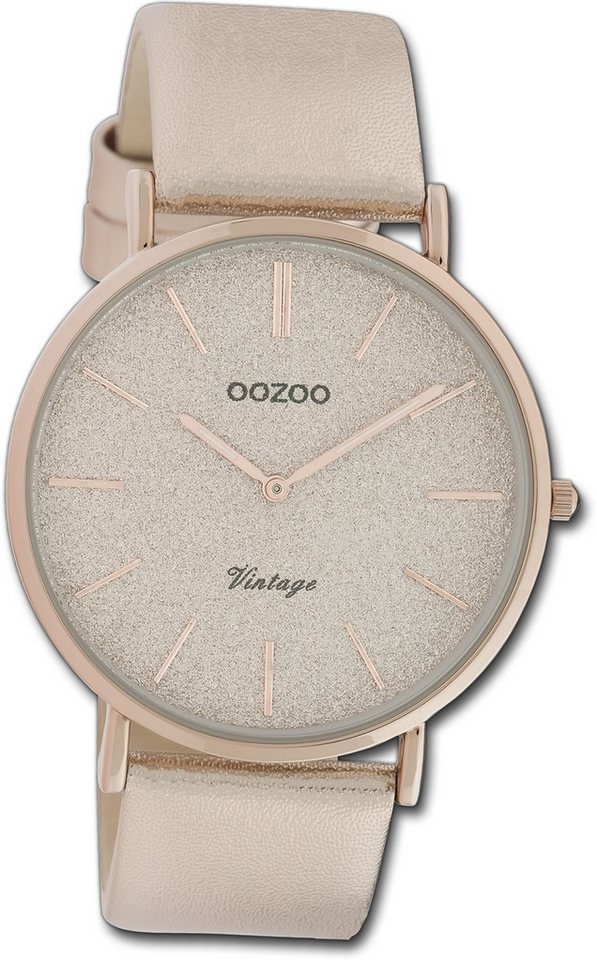 OOZOO Quarzuhr Oozoo Damen Armbanduhr Vintage Series, Damenuhr Lederarmband beige, rosa, rundes Gehäuse, groß (ca. 40mm) von OOZOO