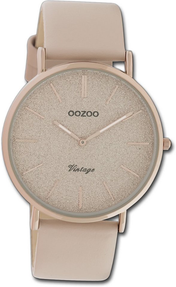 OOZOO Quarzuhr Oozoo Damen Armbanduhr Vintage Series, Damenuhr Lederarmband beige, rosa, rundes Gehäuse, groß (ca. 40mm) von OOZOO