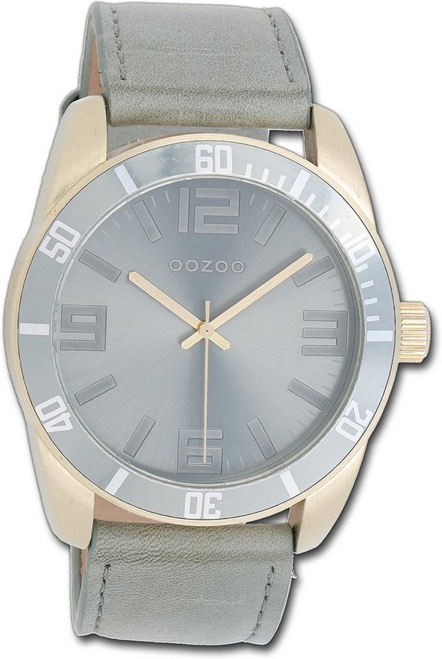 OOZOO Quarzuhr Oozoo Damen Armbanduhr Vintage Series, Damenuhr Lederarmband grau, rundes Gehäuse, groß (ca. 45mm) von OOZOO