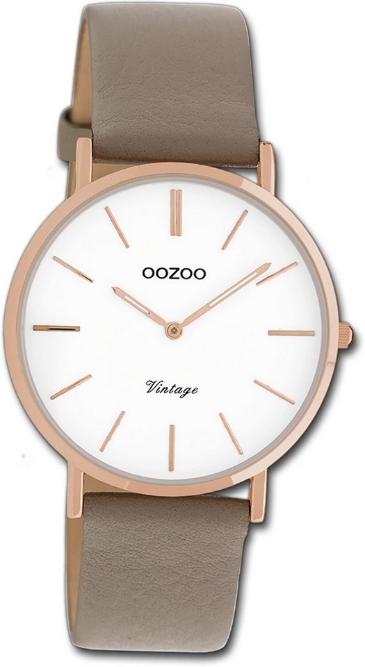 OOZOO Quarzuhr Oozoo Damen Armbanduhr Vintage Series, Damenuhr Lederarmband taupe, braun, rundes Gehäuse, mittel (ca. 36mm) von OOZOO