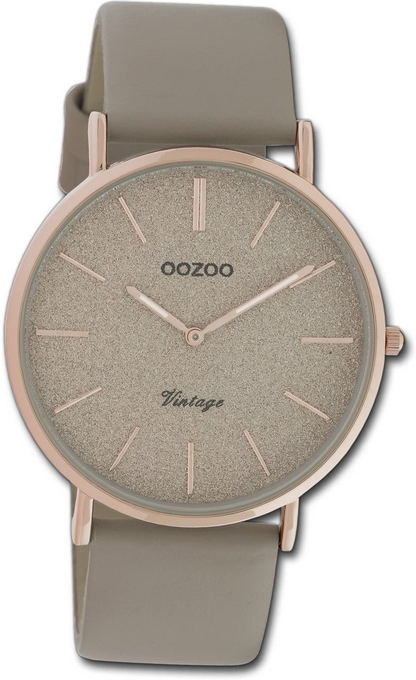 OOZOO Quarzuhr Oozoo Damen Armbanduhr Vintage Series, Damenuhr Lederarmband taupe, grau, rundes Gehäuse, groß (ca. 40mm) von OOZOO