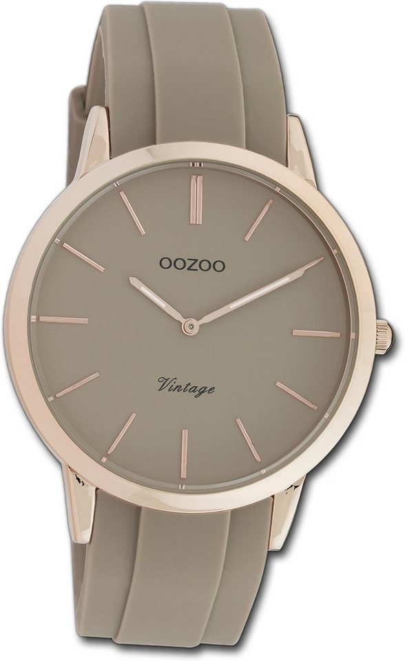 OOZOO Quarzuhr Oozoo Damen Armbanduhr Vintage Series, Damenuhr Silikonarmband taupe, grau, rundes Gehäuse, groß (ca. 42mm) von OOZOO