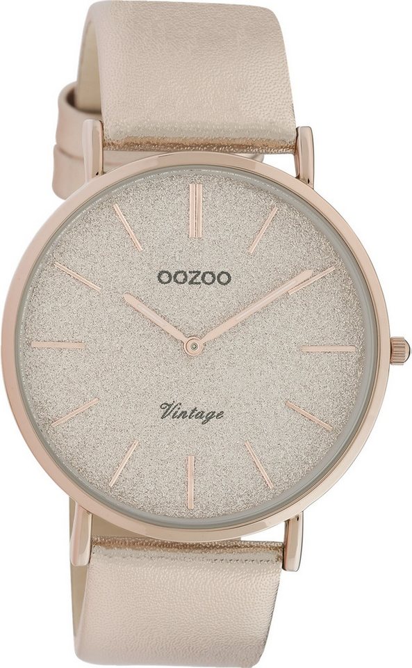 OOZOO Quarzuhr Oozoo Damen Armbanduhr Vintage Series, Damenuhr rund, groß (ca. 40mm), Lederarmband beige, rosa, Fashion von OOZOO