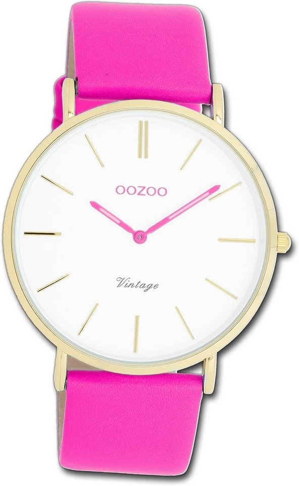 OOZOO Quarzuhr Oozoo Damen Armbanduhr Vintage pink, Damenuhr Lederarmband pink, rundes Gehäuse, groß (ca. 40mm) von OOZOO