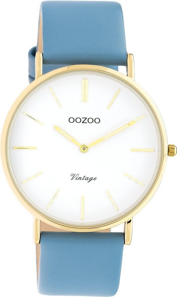 OOZOO Quarzuhr Oozoo Damen Armbanduhr babyblau Analog, Damenuhr rund, groß (ca. 40mm) Lederarmband, Fashion-Style von OOZOO