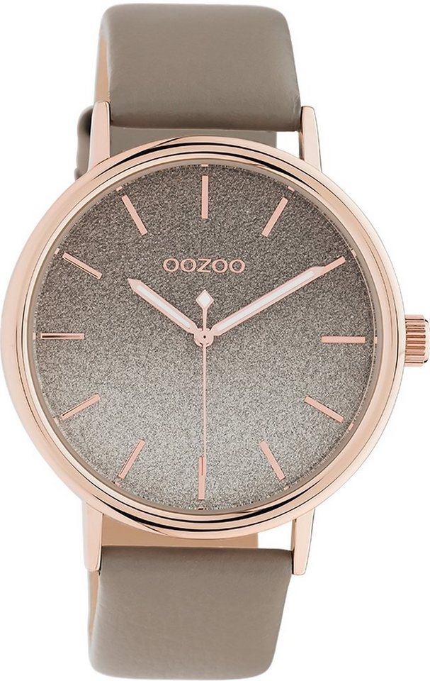 OOZOO Quarzuhr Oozoo Damen Armbanduhr braun taupe, Damenuhr rund, groß (ca. 42mm) Lederarmband, Elegant-Style von OOZOO