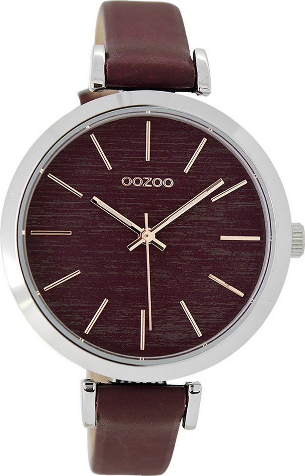 OOZOO Quarzuhr Oozoo Damen Armbanduhr dunkelrot Analog, (Analoguhr), Damenuhr rund, groß (ca. 40mm) Lederarmband, Luxus-Style von OOZOO