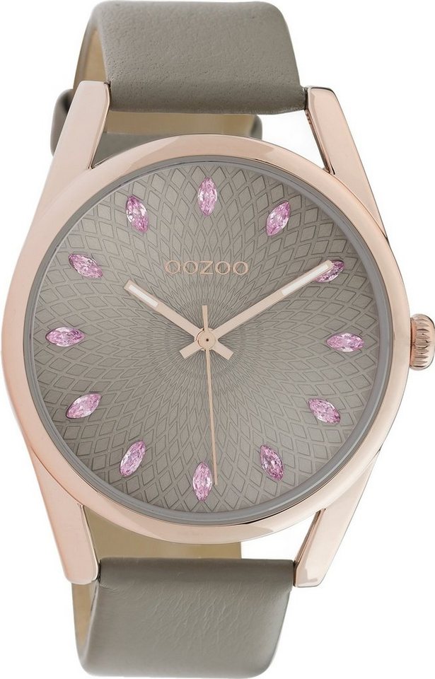 OOZOO Quarzuhr Oozoo Damen Armbanduhr grau Analog, (Analoguhr), Damenuhr rund, groß (ca. 45mm) Lederarmband, Elegant-Style von OOZOO