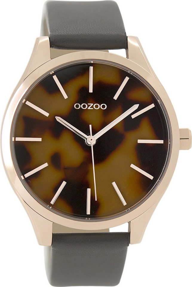 OOZOO Quarzuhr Oozoo Damen Armbanduhr grau Analog matt, (Analoguhr), Damenuhr rund, groß (ca. 42mm) Lederarmband, Casual-Style von OOZOO