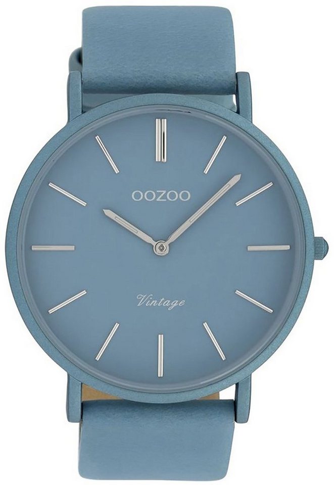 OOZOO Quarzuhr Oozoo Damen Armbanduhr hellblau, Damenuhr rund, groß (ca. 44mm) Lederarmband, Fashion-Style von OOZOO