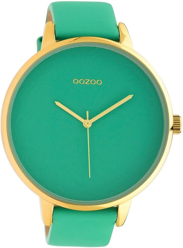 OOZOO Quarzuhr Oozoo Damen Armbanduhr hellgrün Analog, (Analoguhr), Damenuhr rund, extra groß (ca. 48mm) Lederarmband, Fashion-Style von OOZOO