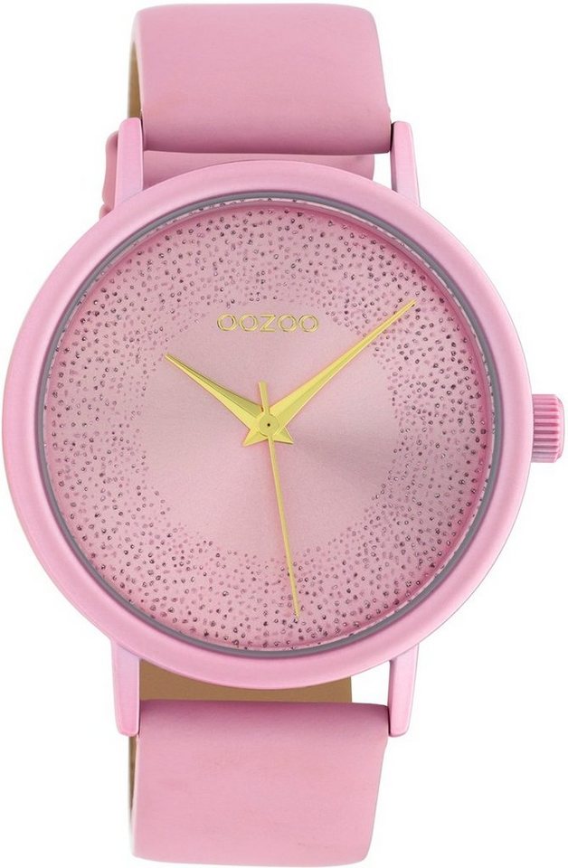 OOZOO Quarzuhr Oozoo Damen Armbanduhr rosa, Damenuhr rund, groß (ca. 42mm) Lederarmband, Fashion-Style von OOZOO