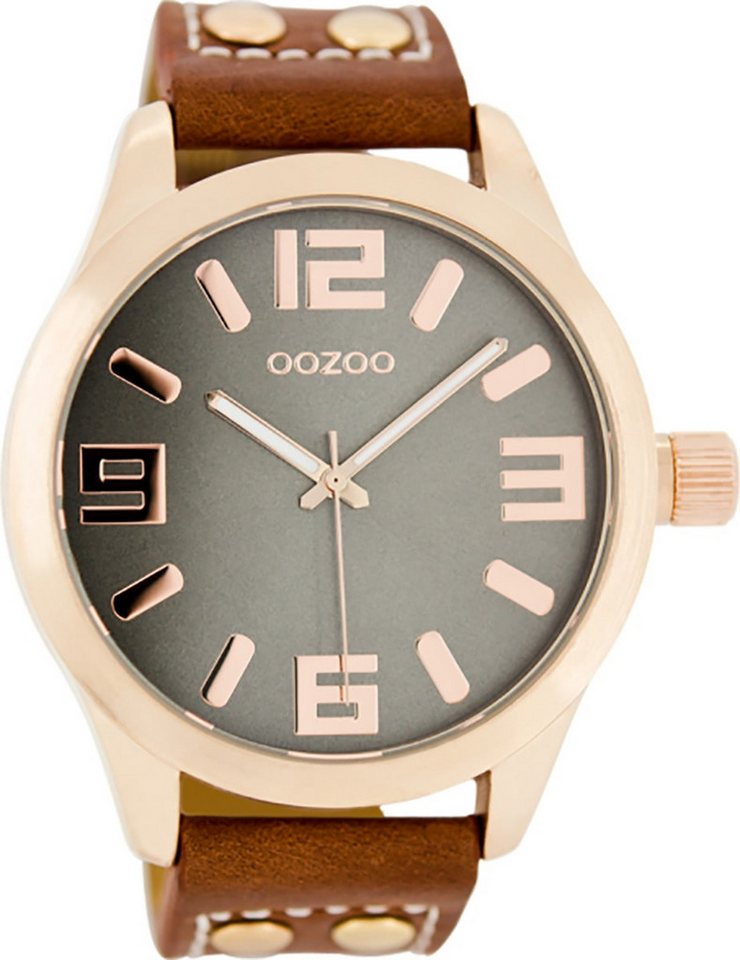 OOZOO Quarzuhr Oozoo Damen Armbanduhr rot, (Analoguhr), Damenuhr rund, extra groß (ca. 46mm) Lederarmband, Fashion-Style von OOZOO