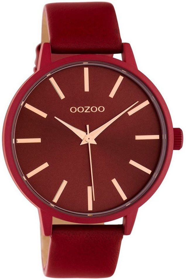 OOZOO Quarzuhr Oozoo Damen Armbanduhr rot, Damenuhr rund, groß (ca. 42mm) Lederarmband, Fashion-Style von OOZOO