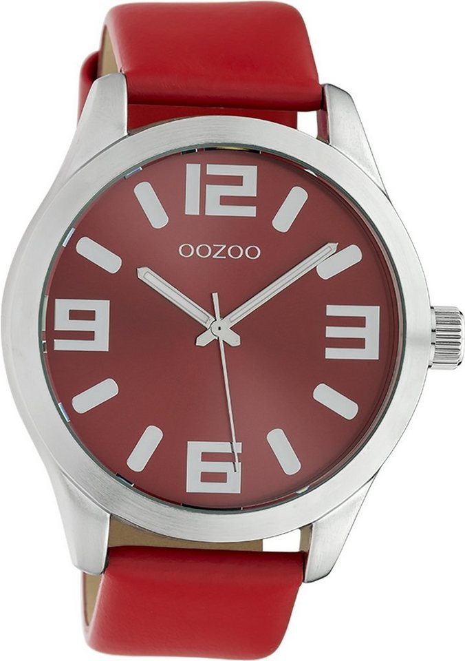 OOZOO Quarzuhr Oozoo Damen Armbanduhr rot Analog, (Analoguhr), Damenuhr rund, extra groß (ca. 46mm) Lederarmband, Fashion-Style von OOZOO