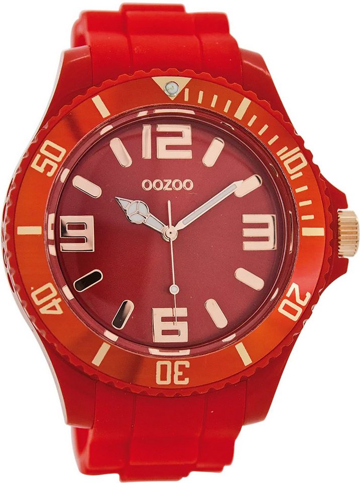 OOZOO Quarzuhr Oozoo Damen Armbanduhr rot Analog matt, (Analoguhr), Damenuhr rund, extra groß (ca. 48mm) Silikonarmband, Fashion-Style von OOZOO