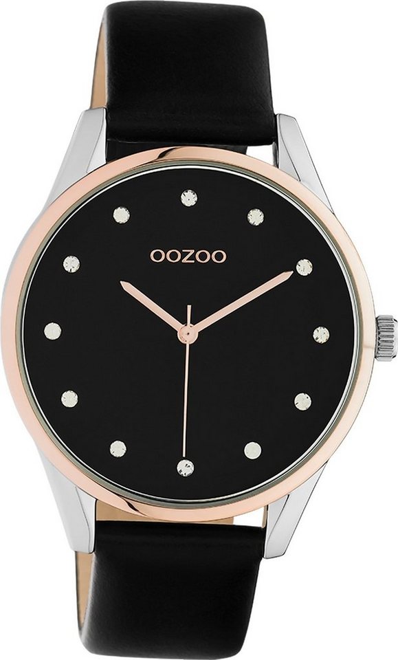 OOZOO Quarzuhr Oozoo Damen Armbanduhr schwarz Analog, Damenuhr rund, groß (ca. 40mm) Lederarmband, Fashion-Style von OOZOO