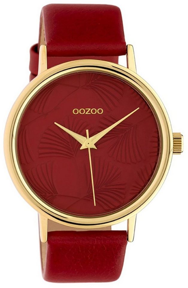 OOZOO Quarzuhr Oozoo Damen Armbanduhr weinrot, Damenuhr rund, groß (ca. 42mm), Lederarmband weinrot, Fashion von OOZOO