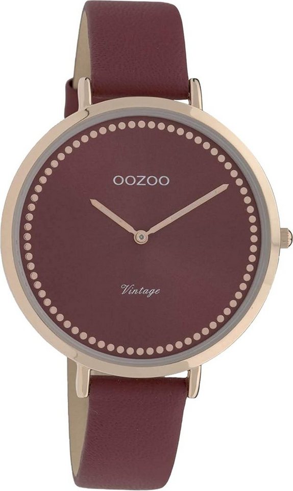 OOZOO Quarzuhr Oozoo Damen Armbanduhr weinrot Analog, (Analoguhr), Damenuhr rund, groß (ca. 40mm) Lederarmband, Fashion-Style von OOZOO