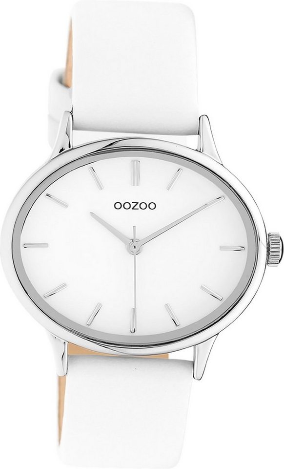 OOZOO Quarzuhr Oozoo Damen Armbanduhr weiß Analog, (Analoguhr), Damenuhr rund, extra groß (ca. 38x31mm) Lederarmband, Fashion-Style von OOZOO