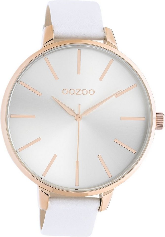 OOZOO Quarzuhr Oozoo Damen Armbanduhr weiß Analog, (Analoguhr), Damenuhr rund, extra groß (ca. 48mm) Lederarmband, Elegant-Style von OOZOO