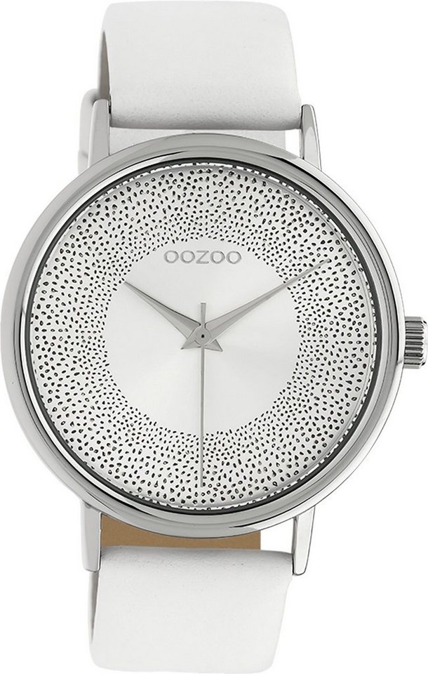 OOZOO Quarzuhr Oozoo Damen Armbanduhr weiß Analog, (Analoguhr), Damenuhr rund, groß (ca. 42mm) Lederarmband, Elegant-Style von OOZOO