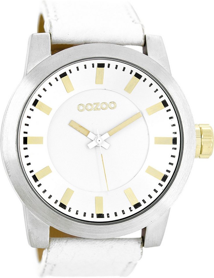 OOZOO Quarzuhr Oozoo Damen Armbanduhr weiß Analog matt, (Analoguhr), Damenuhr rund, extra groß (ca. 48mm) Lederarmband, Luxus-Style von OOZOO