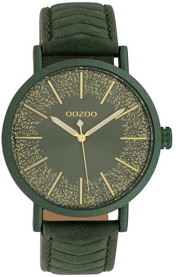 OOZOO Quarzuhr Oozoo Damen-Uhr grün gold, Damenuhr rund, groß (ca. 42mm), Lederarmband grün, Fashion von OOZOO