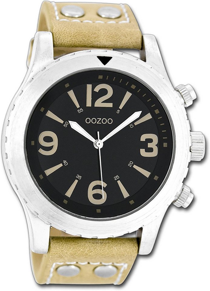 OOZOO Quarzuhr Oozoo Herren Armbanduhr Timepieces, (Analoguhr), Herrenuhr Lederarmband beige, rundes Gehäuse, groß (ca. 45mm) von OOZOO